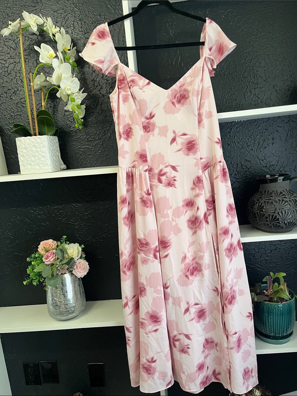 Floral Pink A-Line Midi Dress - Pink Rose Print . Size:L fits like LP